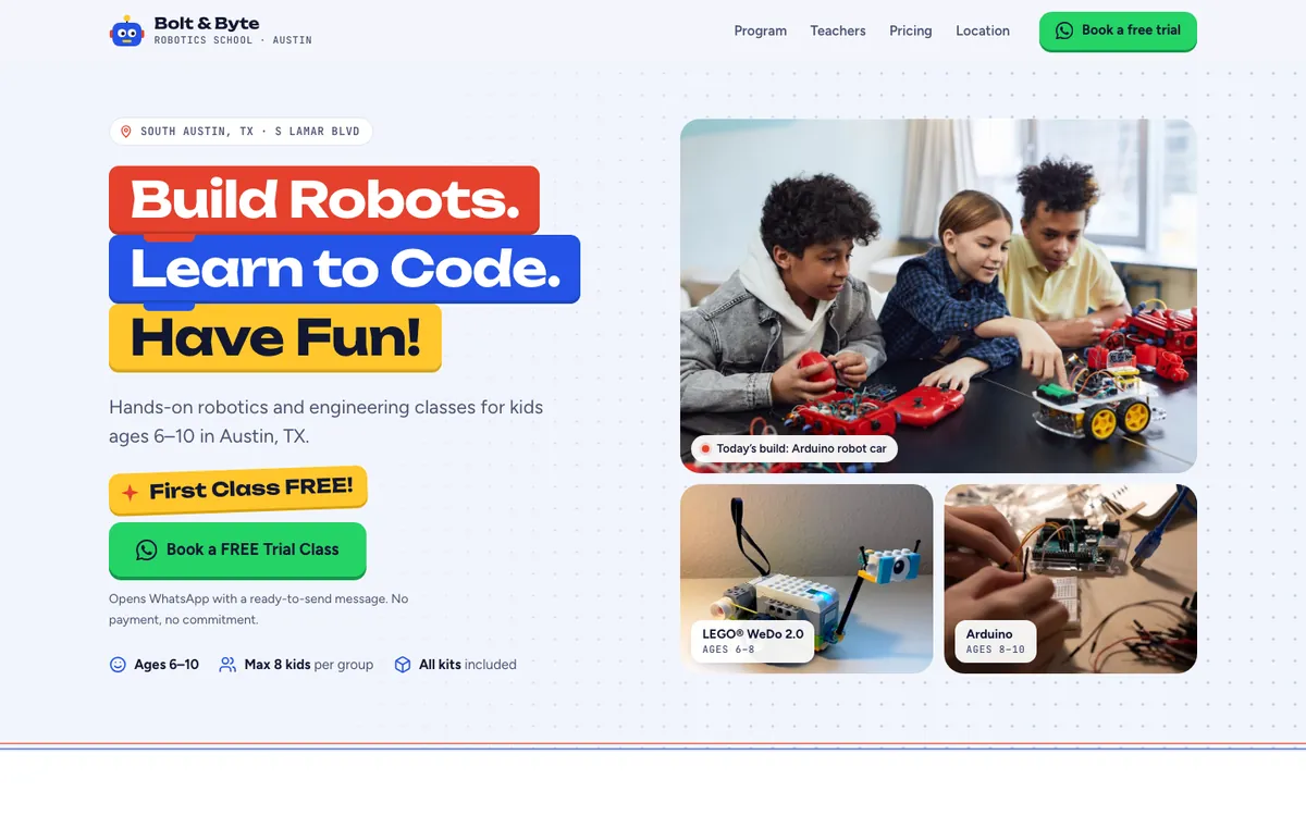 Лендинг школы робототехники Bolt and Byte: заголовок Build Robots и фото детей с роботами